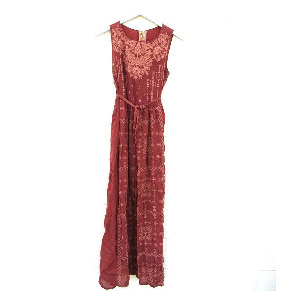 Johnny Was Brown Embroidered Long Maxi Brown Rayon Dress